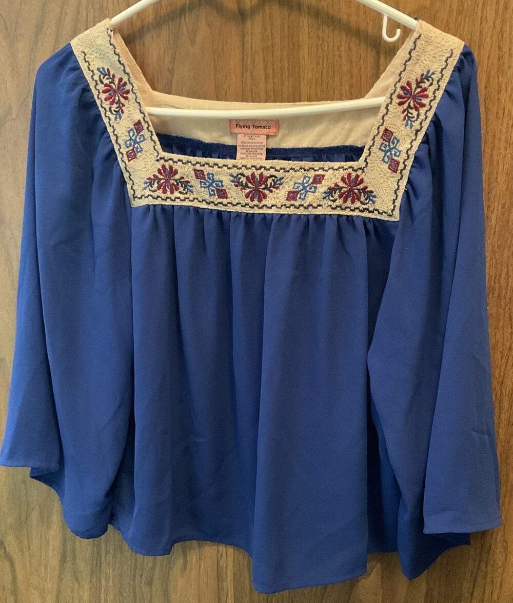 Flying Tomato Womens Small Blue Boho Embroidered 3/4 Sleeve Blouse